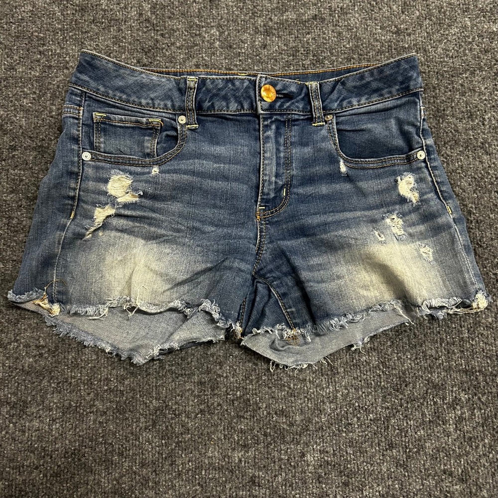 American Eagle Shorts Womens Size 10 Blue Viscose Blend Distressed Raw Hem Denim